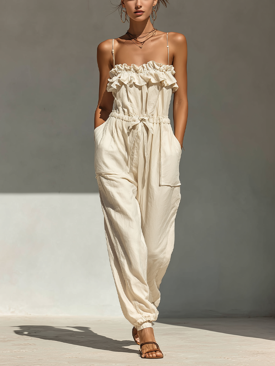 Women’s Cream Ruffled-Trim Sleeveless Jumpsuit With Drawstring Waist & Jogger Pants MDZ2858E5T