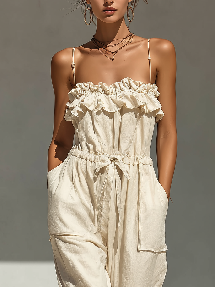 Women’s Cream Ruffled-Trim Sleeveless Jumpsuit With Drawstring Waist & Jogger Pants MDZ2858E5T
