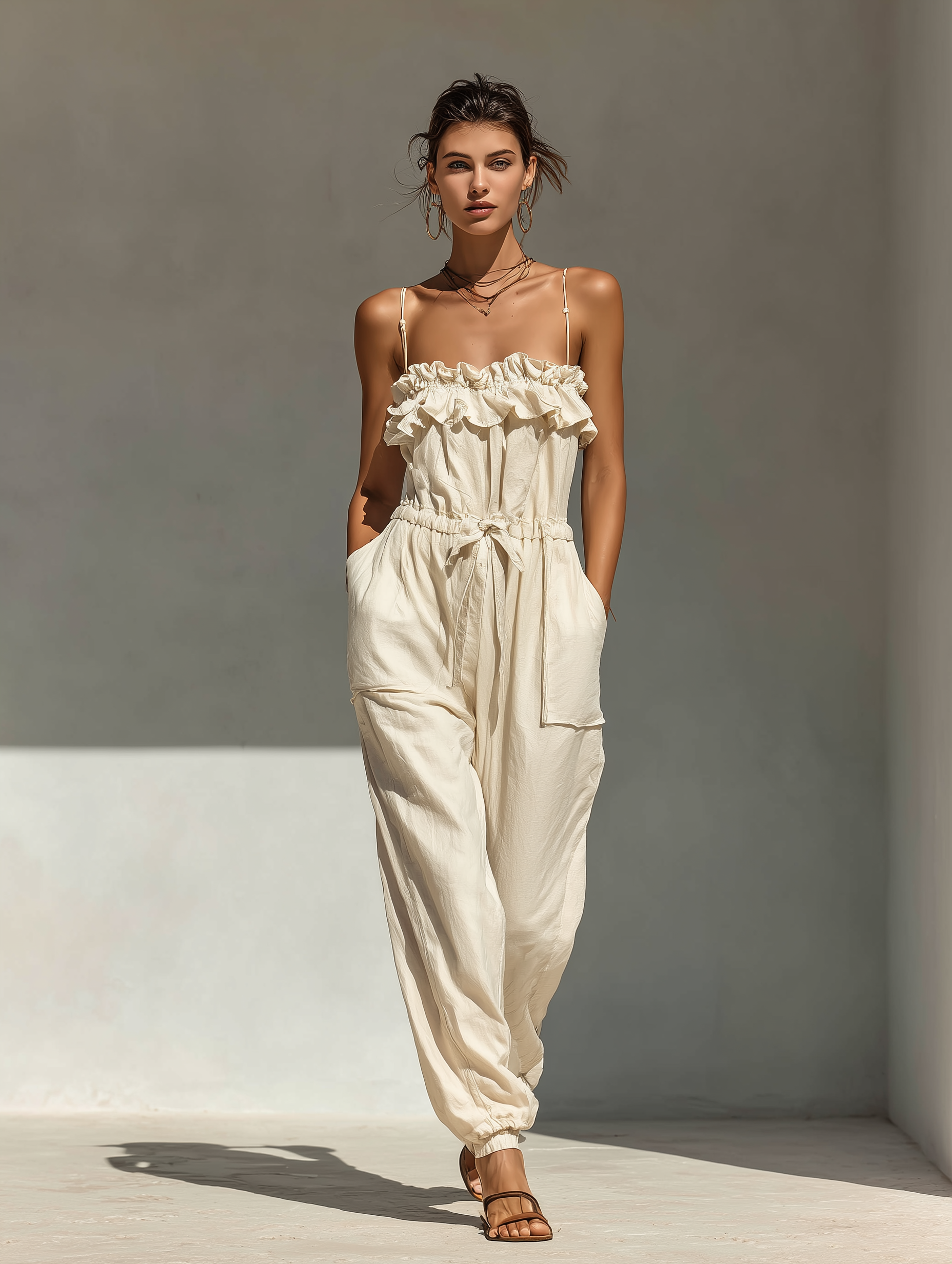 Women’s Cream Ruffled-Trim Sleeveless Jumpsuit With Drawstring Waist & Jogger Pants MDZ2858E5T