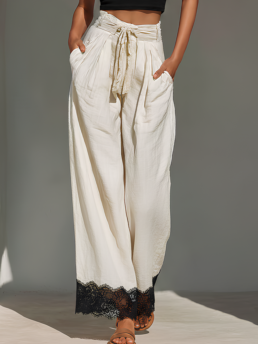 Women’s Black Knitted One-Shoulder Crop Top & White Cotton-Linen Lace-Trimmed Wide-Leg Pants Two-Piece Set MDZ2890E9T