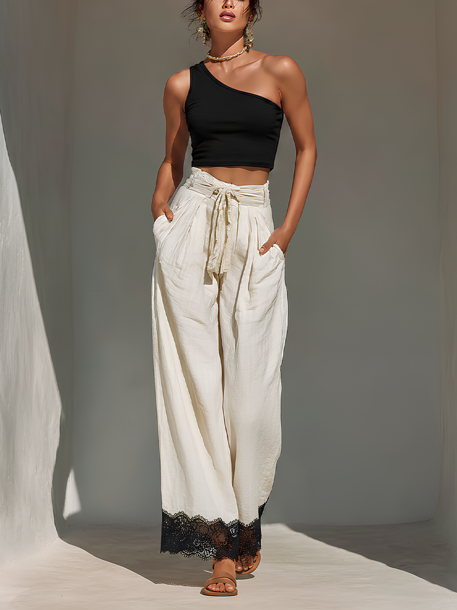 Women’s Black Knitted One-Shoulder Crop Top & White Cotton-Linen Lace-Trimmed Wide-Leg Pants Two-Piece Set MDZ2890E9T