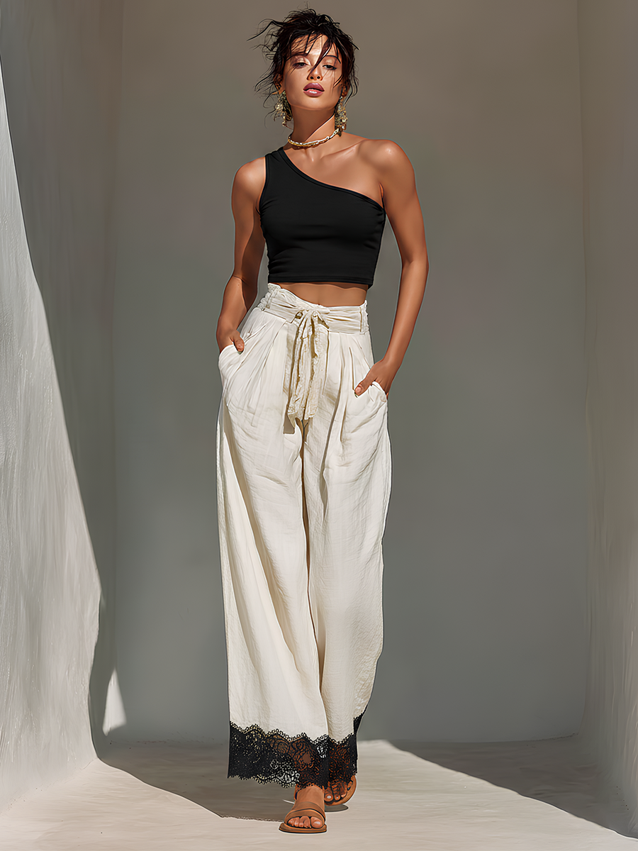 Women’s Black Knitted One-Shoulder Crop Top & White Cotton-Linen Lace-Trimmed Wide-Leg Pants Two-Piece Set MDZ2890E9T