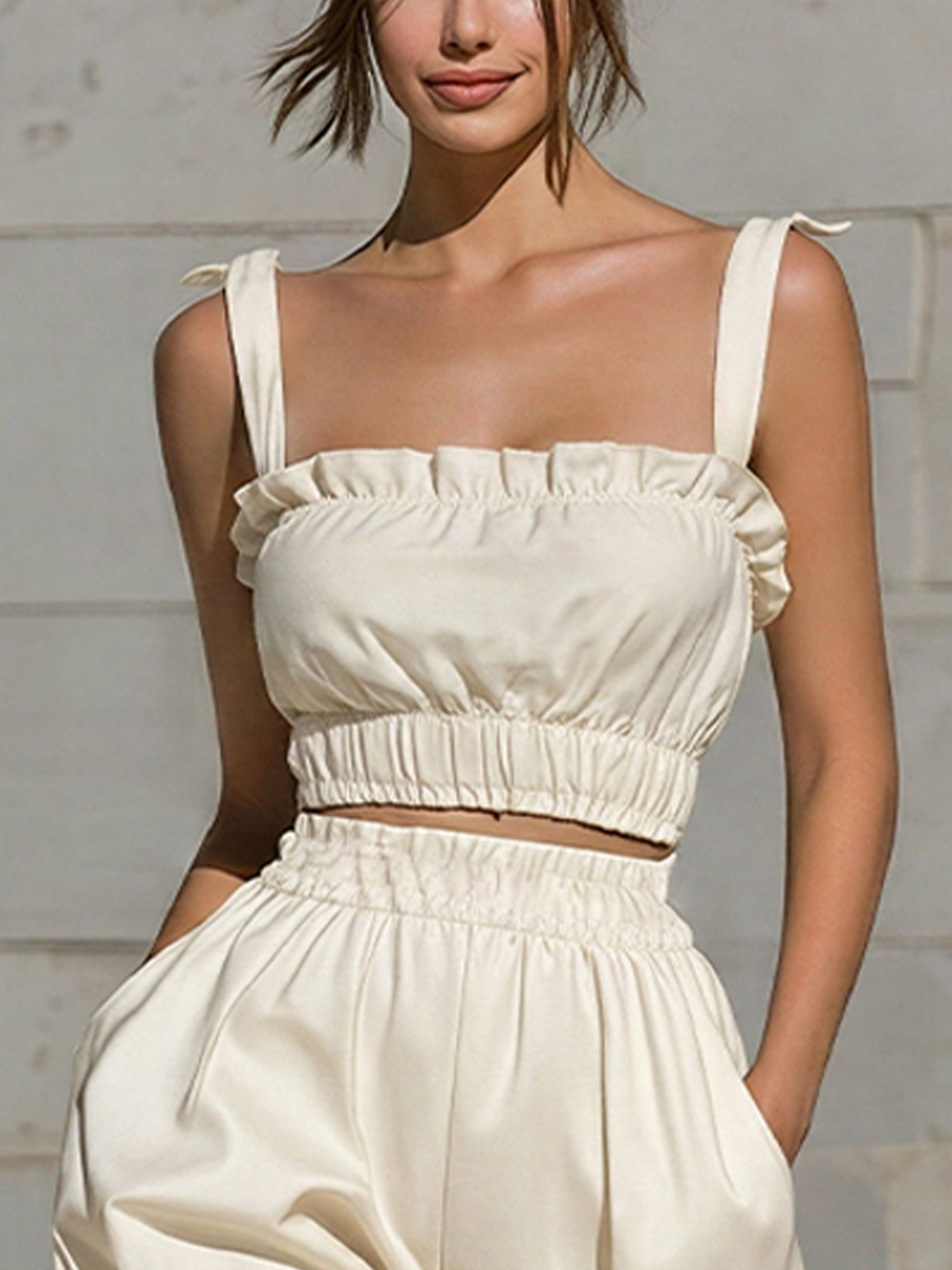 Women’s Cream Ruffled Trim Sleeveless Crop Top & Balloon Shorts Two-Piece Set MDZ2800E3T