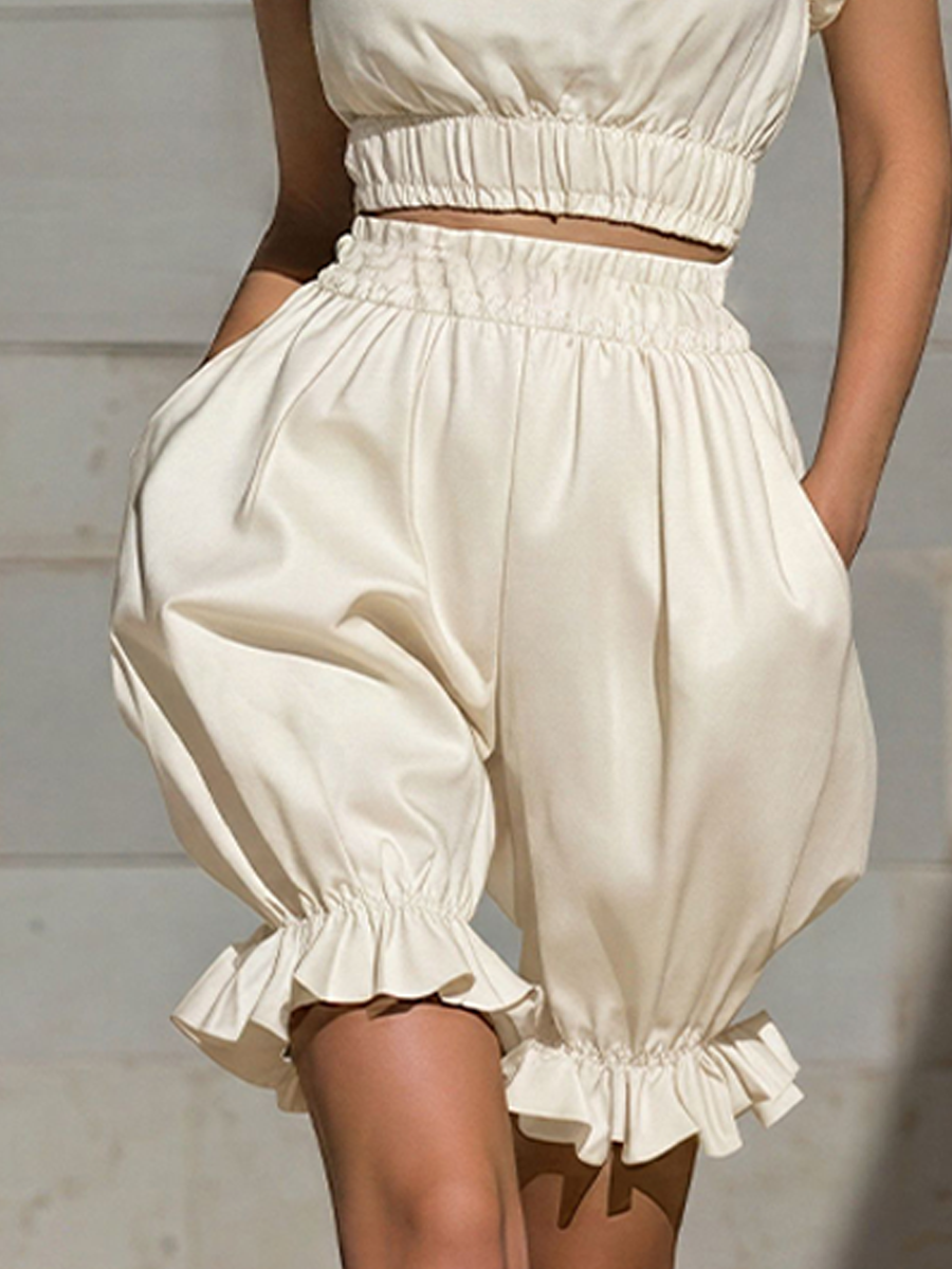 Women’s Cream Ruffled Trim Sleeveless Crop Top & Balloon Shorts Two-Piece Set MDZ2800E3T