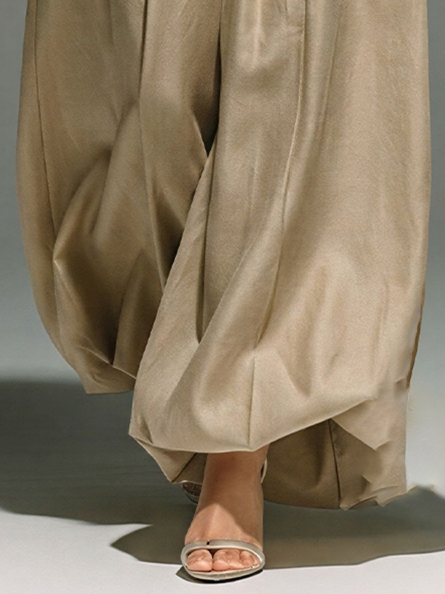 Women’s Beige High-Waisted Pleated Wide-Leg Trousers With Voluminous Silhouette MDZ2813E7T