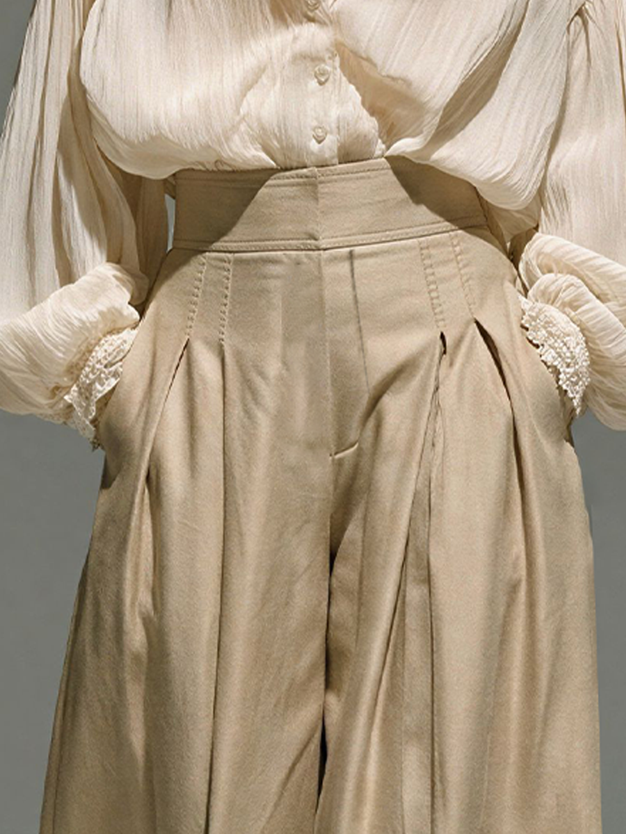Women’s Beige High-Waisted Pleated Wide-Leg Trousers With Voluminous Silhouette MDZ2813E7T