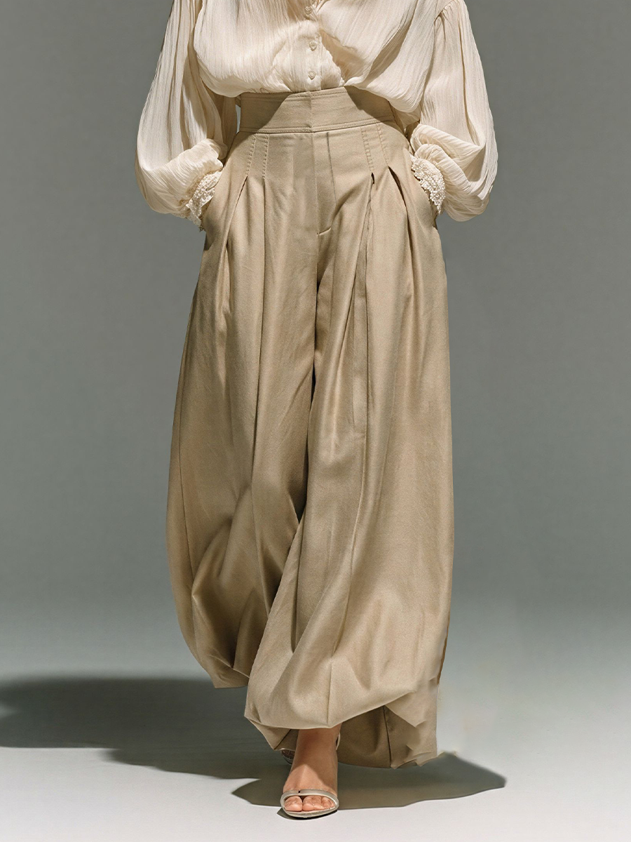 Women’s Beige High-Waisted Pleated Wide-Leg Trousers With Voluminous Silhouette MDZ2813E7T