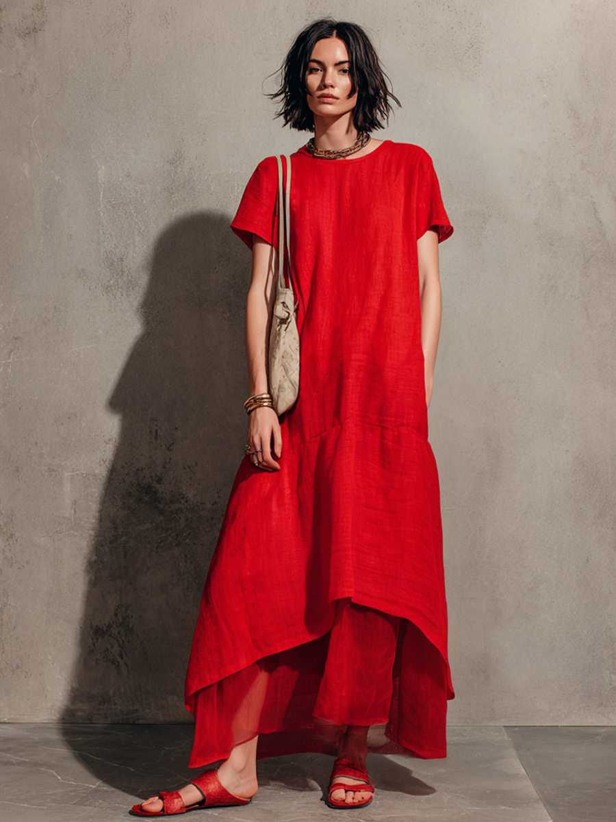 Women's Loungewear Red Linen-Cotton Crew Neck Short-Sleeve Tiered Asymmetric Hem Maxi Dress MDZ2800E3GMJ