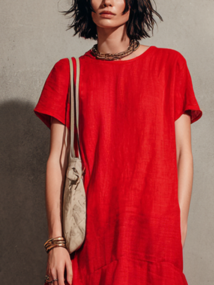 Women's Loungewear Red Linen-Cotton Crew Neck Short-Sleeve Tiered Asymmetric Hem Maxi Dress MDZ2800E3GMJ