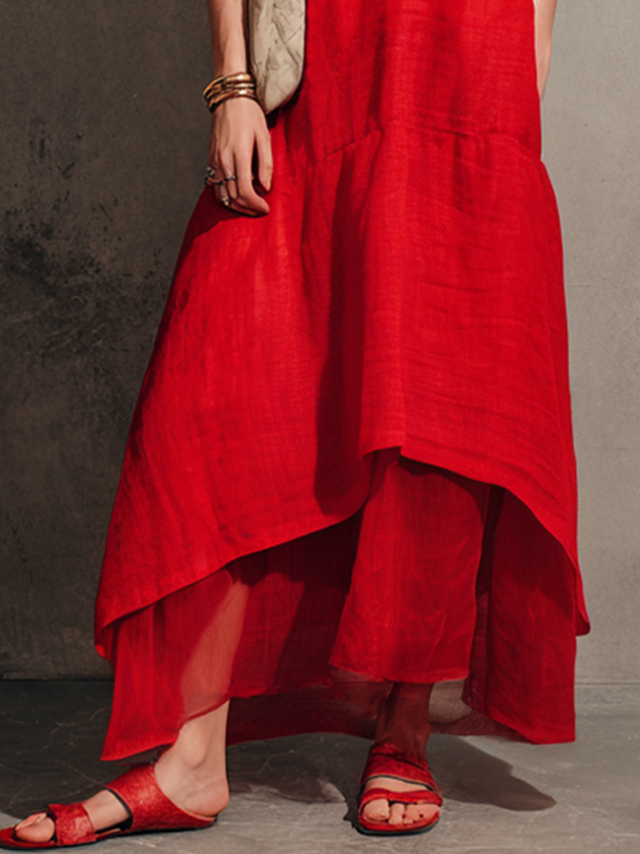 Women's Loungewear Red Linen-Cotton Crew Neck Short-Sleeve Tiered Asymmetric Hem Maxi Dress MDZ2800E3GMJ