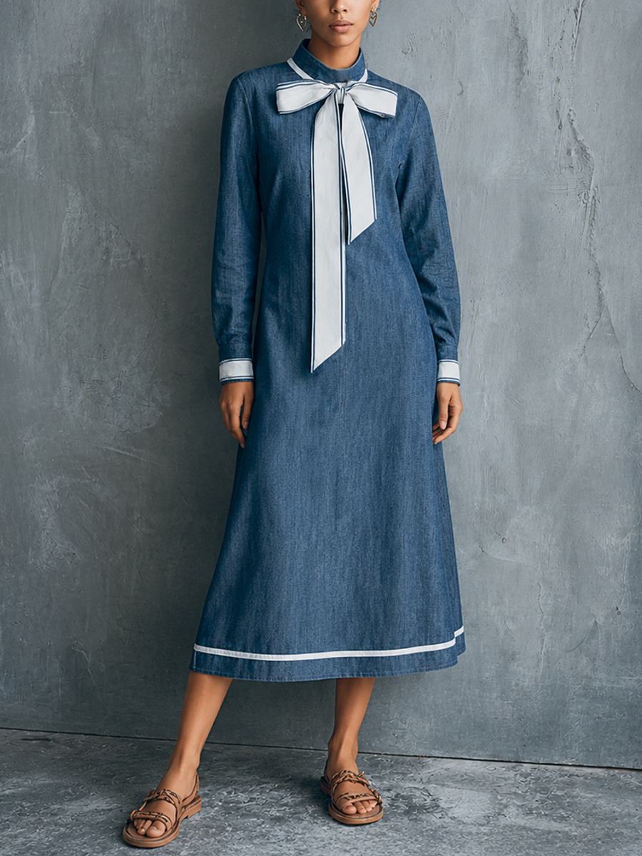 Women's Retro Blue Denim Stand Collar Bow-Decorated Long-Sleeved Midi Dress MDZ2819E3GMJ