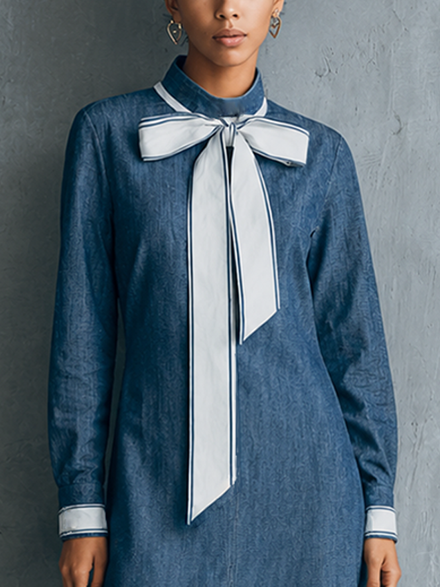 Women's Retro Blue Denim Stand Collar Bow-Decorated Long-Sleeved Midi Dress MDZ2819E3GMJ