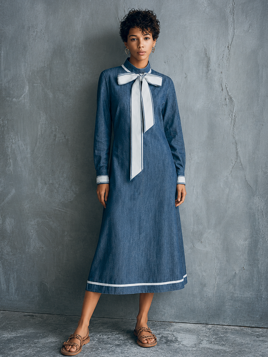 Women's Retro Blue Denim Stand Collar Bow-Decorated Long-Sleeved Midi Dress MDZ2819E3GMJ