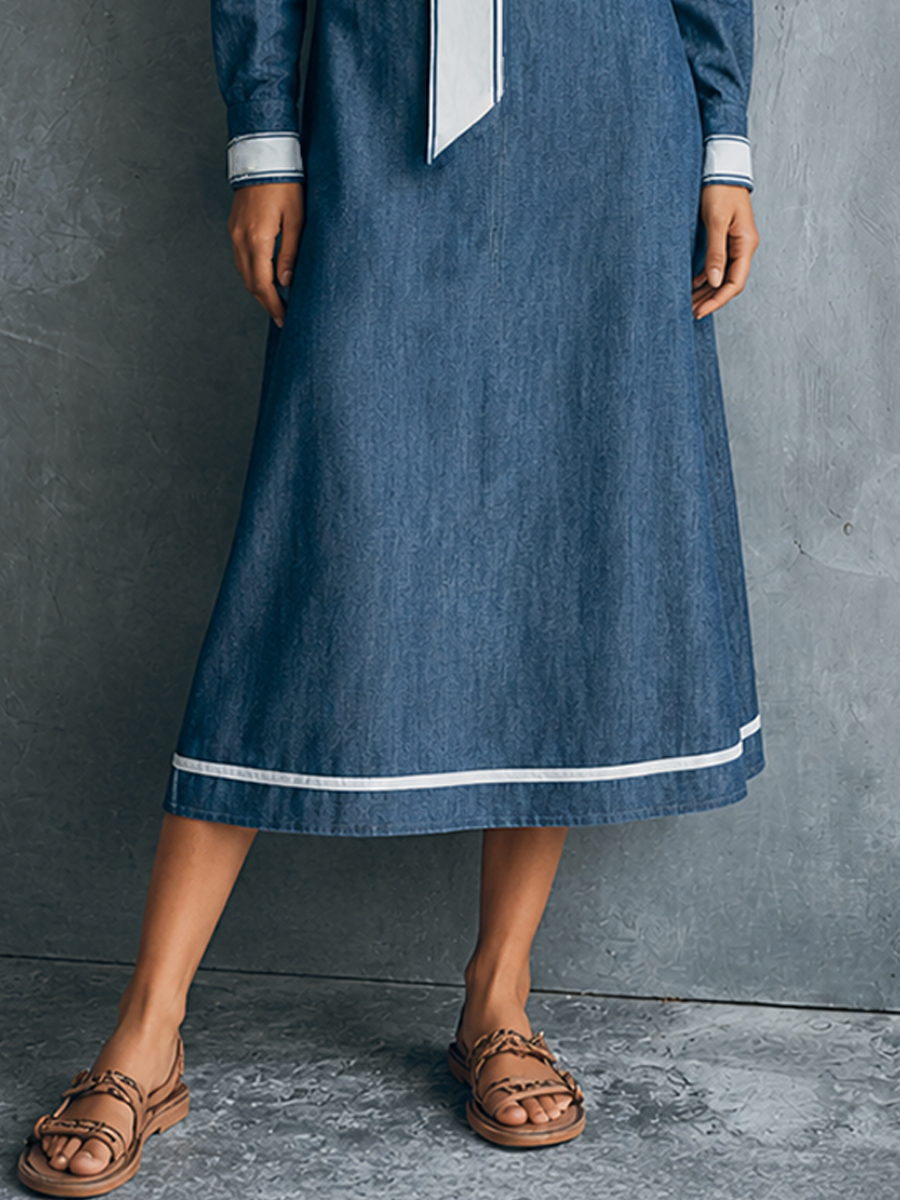 Women's Retro Blue Denim Stand Collar Bow-Decorated Long-Sleeved Midi Dress MDZ2819E3GMJ