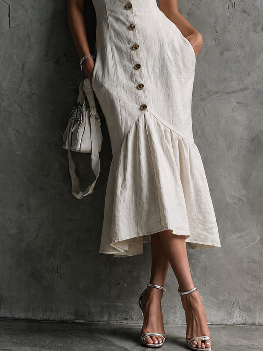 Women's Elegant White Cotton Blend Lace-Trimmed Button-Down Halter-Neck Fishtail Midi Dress MDZ2899E8GMJ