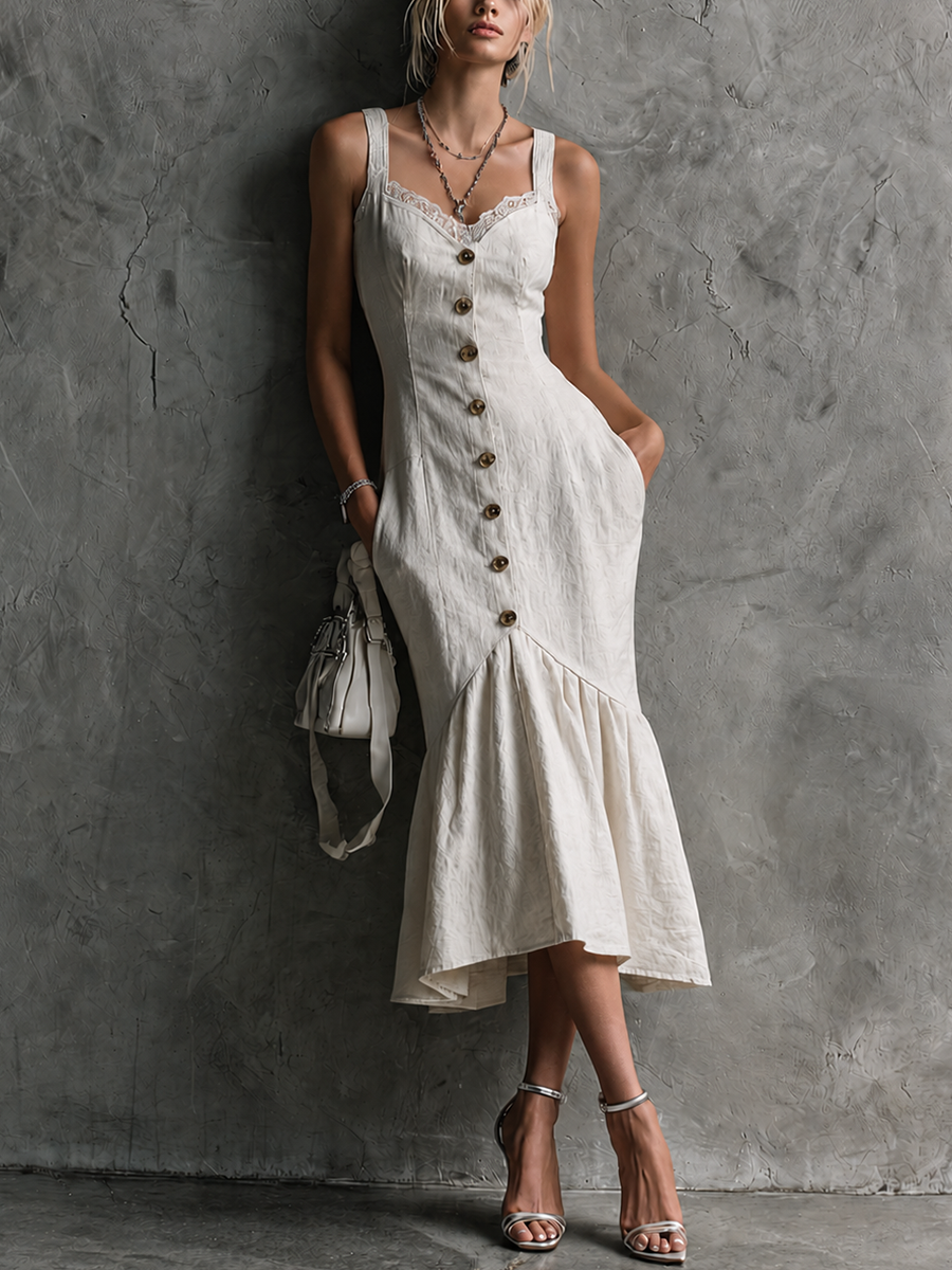 Women's Elegant White Cotton Blend Lace-Trimmed Button-Down Halter-Neck Fishtail Midi Dress MDZ2899E8GMJ