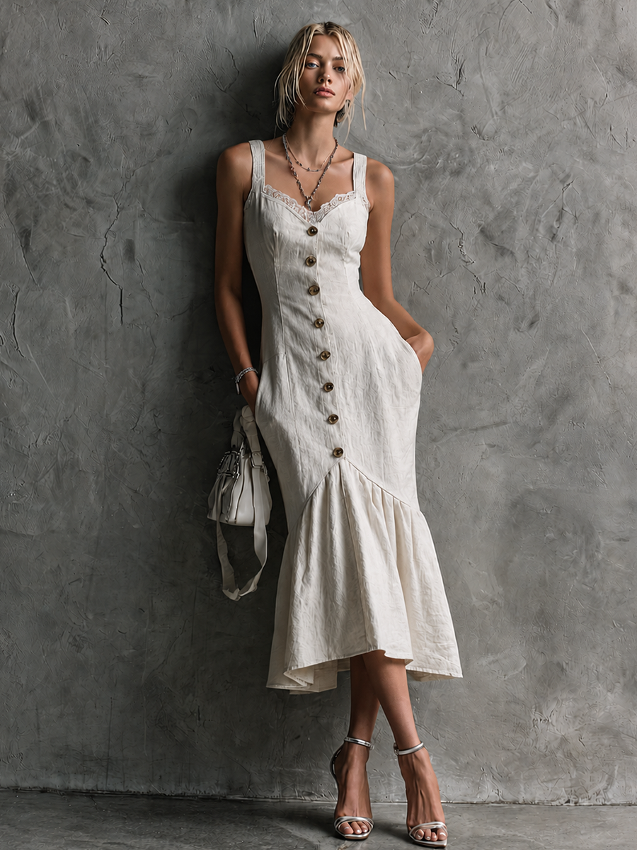 Women's Elegant White Cotton Blend Lace-Trimmed Button-Down Halter-Neck Fishtail Midi Dress MDZ2899E8GMJ