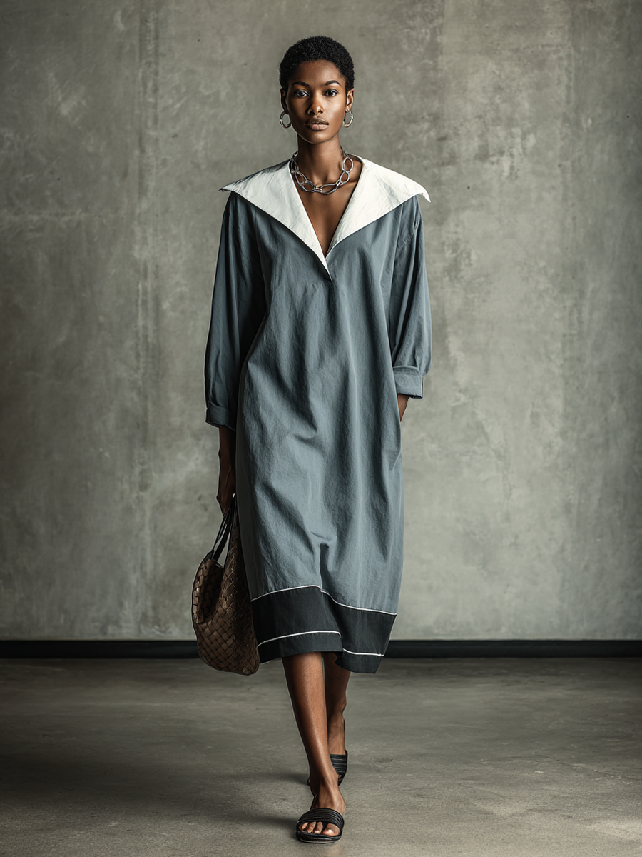 Women's Minimalist Slate Blue Cotton Blend Contrast Wide Collar V-Neck Three-Quarter Sleeve Loose Midi Dress MDZ2825E9GMJ
