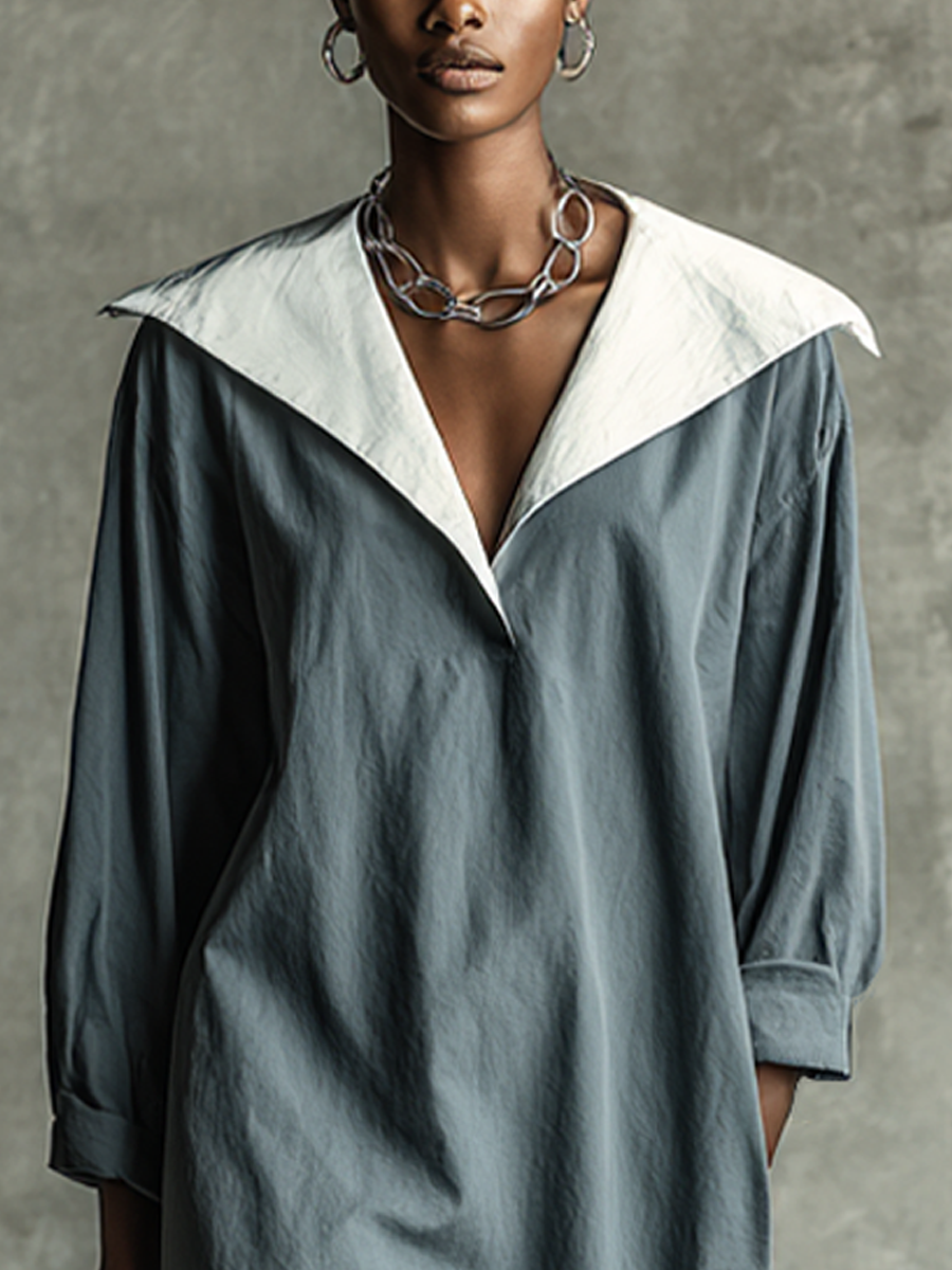 Women's Minimalist Slate Blue Cotton Blend Contrast Wide Collar V-Neck Three-Quarter Sleeve Loose Midi Dress MDZ2825E9GMJ