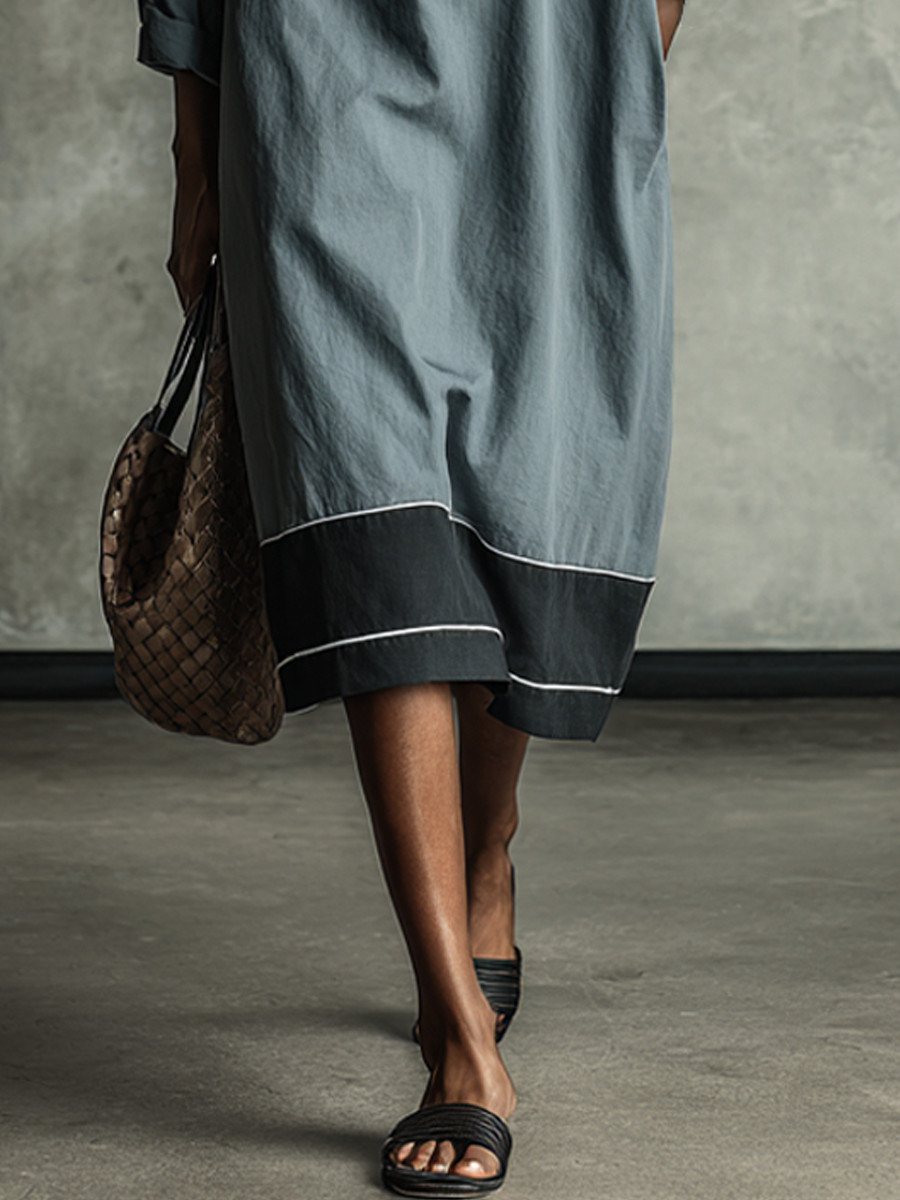 Women's Minimalist Slate Blue Cotton Blend Contrast Wide Collar V-Neck Three-Quarter Sleeve Loose Midi Dress MDZ2825E9GMJ