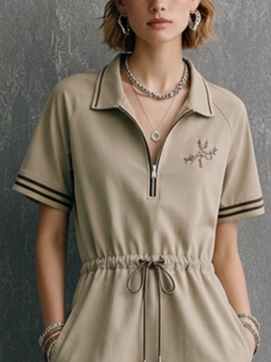 Women's Casual Khaki Knit Cotton Blend Polo Collar Half-Zip Embroidered Drawstring Waist Short-Sleeved Mini Dress MDZ2882E5GMJ