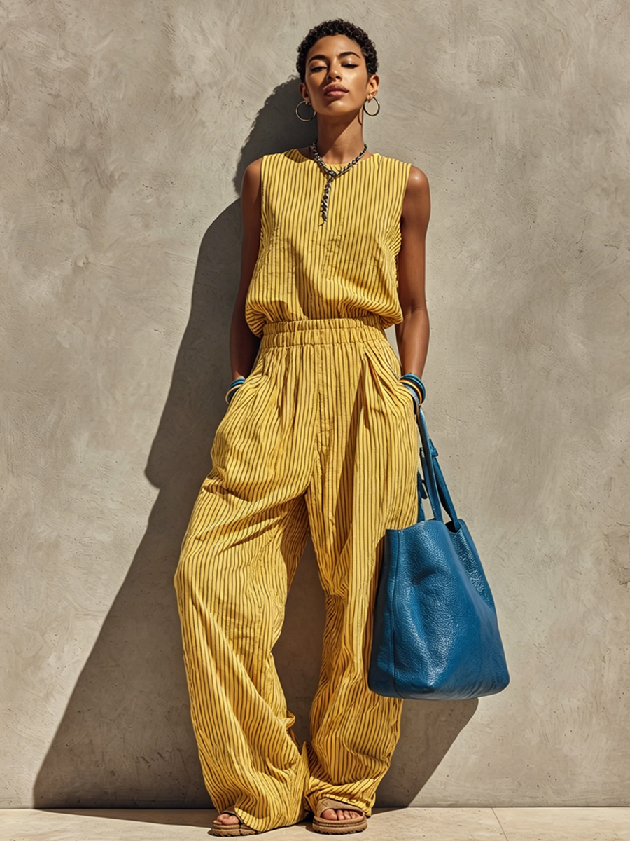 Women's Vacation Yellow And Black Striped Cotton Blend Crew Neck Sleeveless Top And Elastic Waist Wide-Leg Pants Set MDZ2874E8GMJ