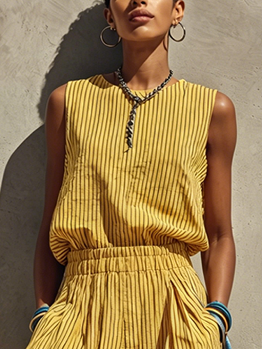 Women's Vacation Yellow And Black Striped Cotton Blend Crew Neck Sleeveless Top And Elastic Waist Wide-Leg Pants Set MDZ2874E8GMJ