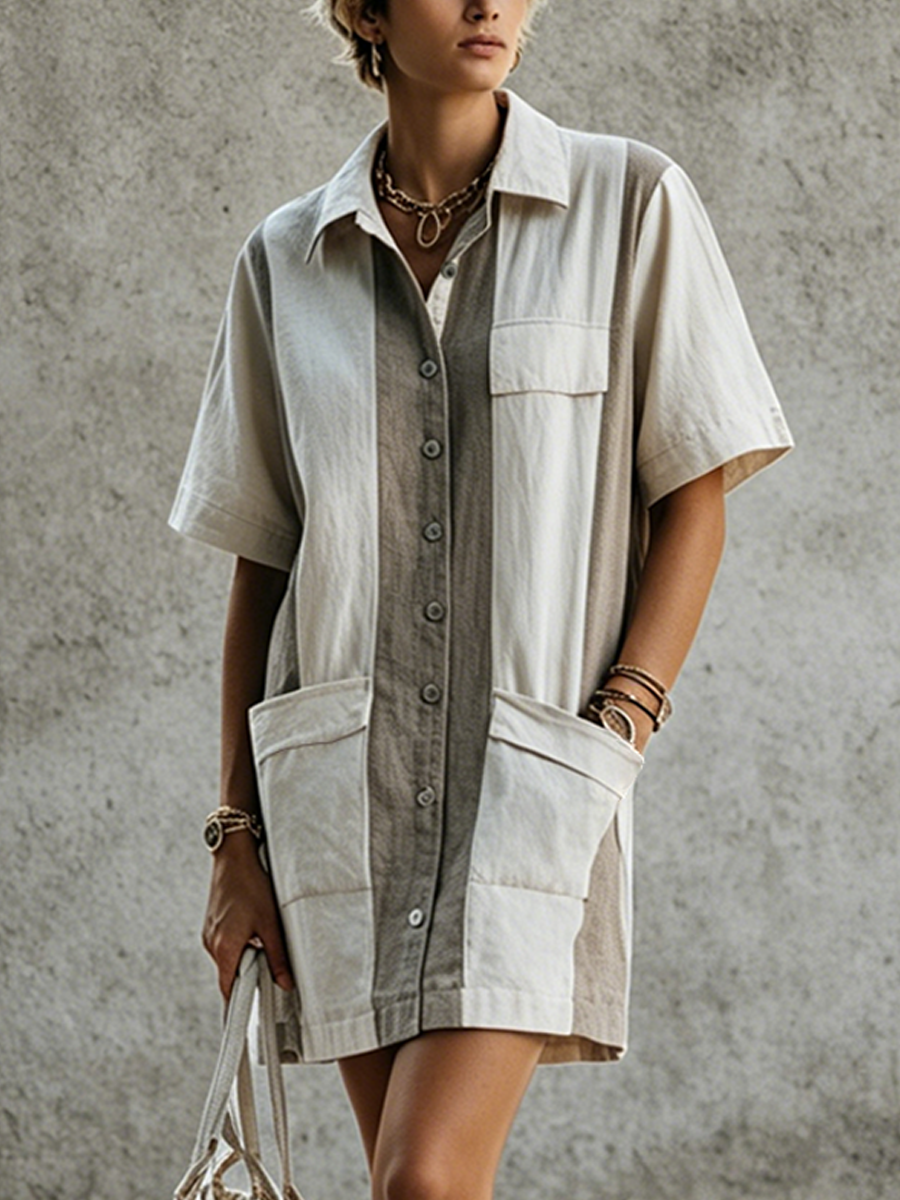 Women's Vacation Beige And Grey Color-Block Linen-Cotton Collared Button-Front Short-Sleeve Pocket Shirt Mini Dress MDZ2809E8GMJ