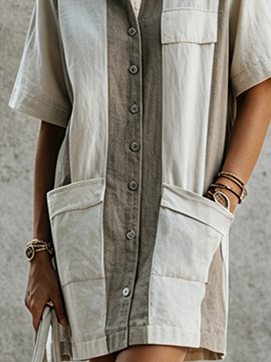 Women's Vacation Beige And Grey Color-Block Linen-Cotton Collared Button-Front Short-Sleeve Pocket Shirt Mini Dress MDZ2809E8GMJ