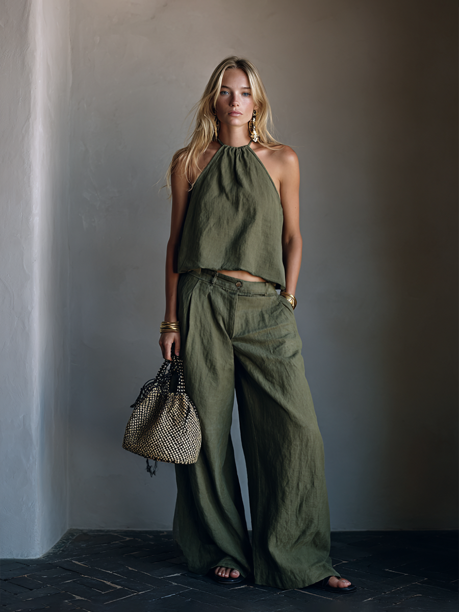 Women's Minimalist Halter-Neck Top & Wide-Leg Pants Set MDZ2937E5ZRK