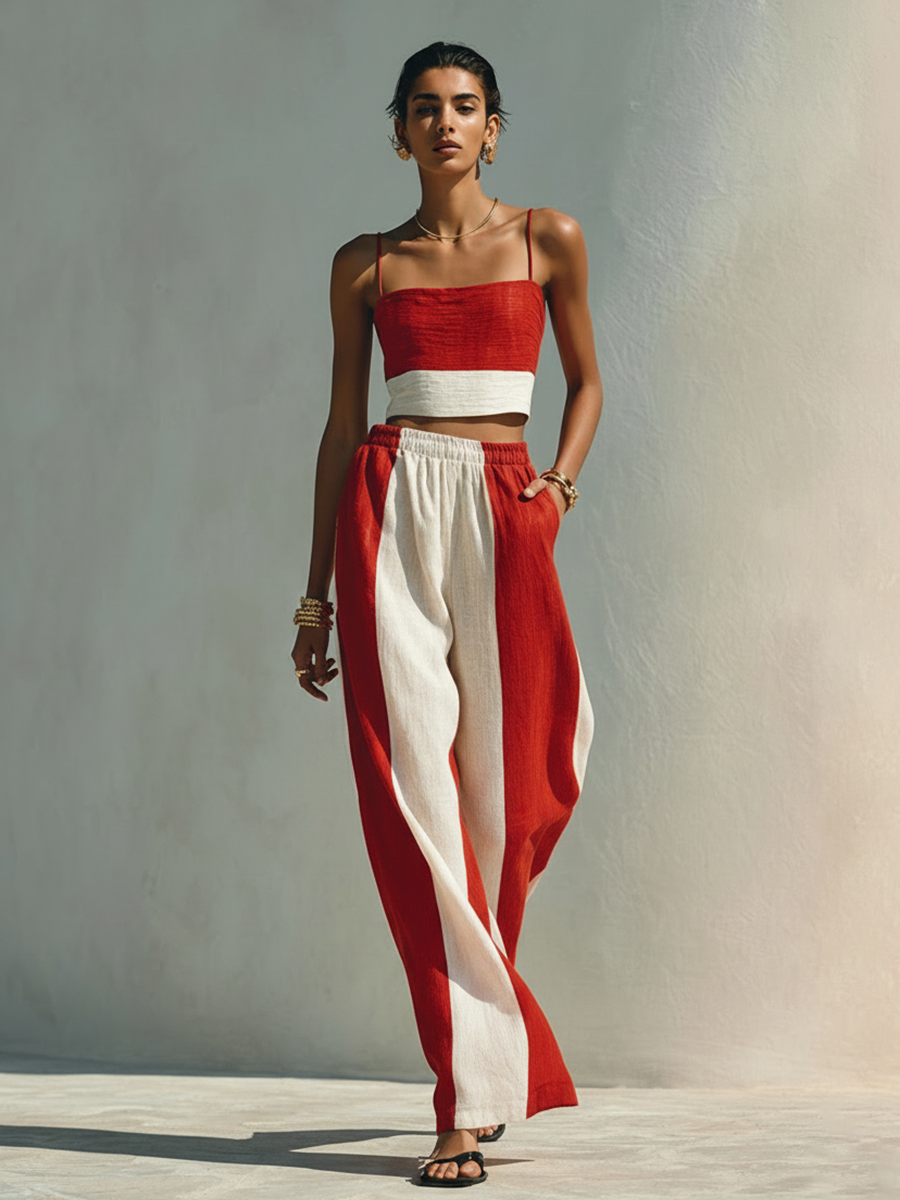 Women's Red & White Striped Cotton-Linen Blend Cami Top And Wide-Leg Pants Set MDZ2925E2ZRK