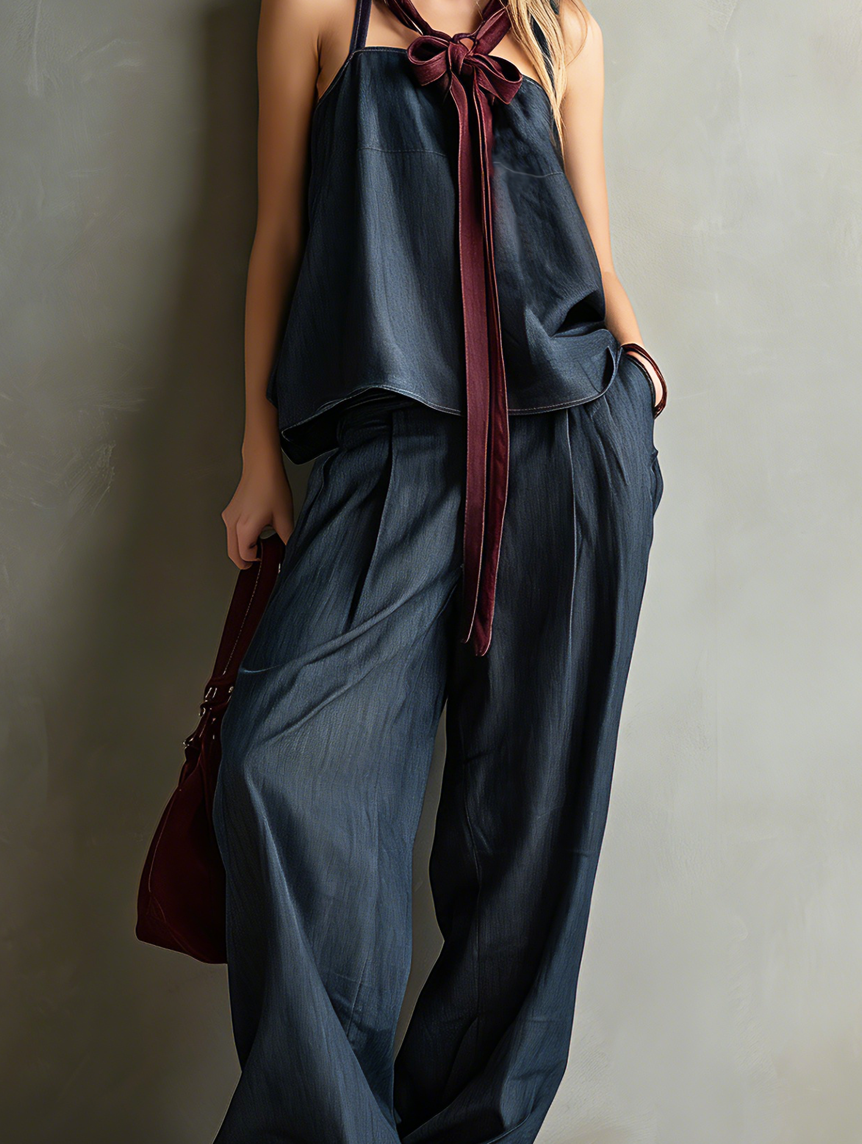 Women's Casual Dark Blue Woven Faux-Denim Sleeveless Cami Top With Trousers MDZ2925E6LXY