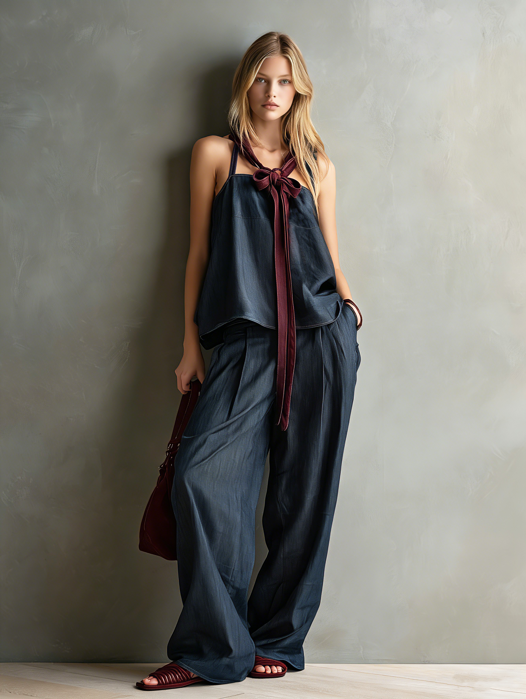 Women's Casual Dark Blue Woven Faux-Denim Sleeveless Cami Top With Trousers MDZ2925E6LXY