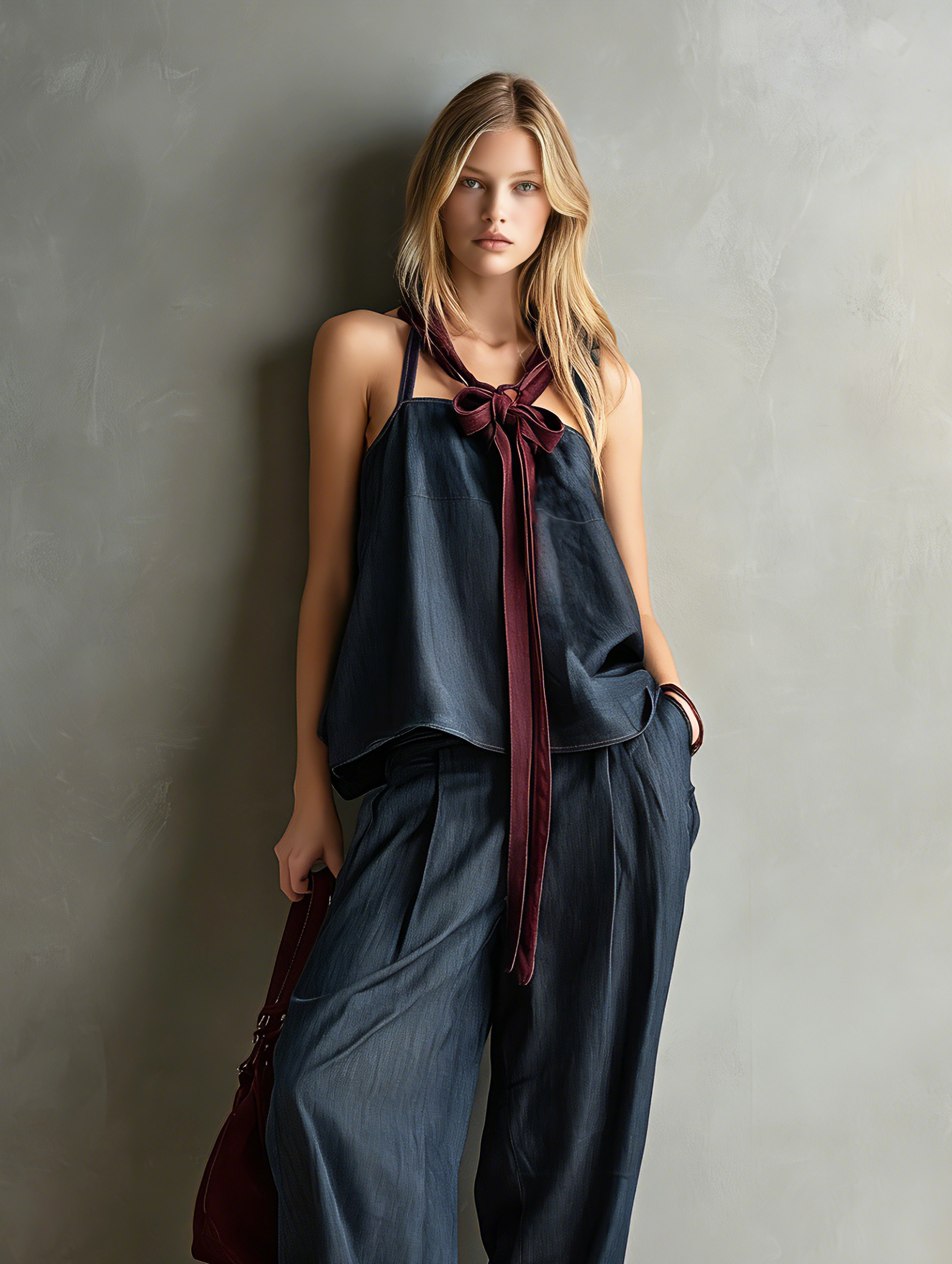 Women's Casual Dark Blue Woven Faux-Denim Sleeveless Cami Top With Trousers MDZ2925E6LXY