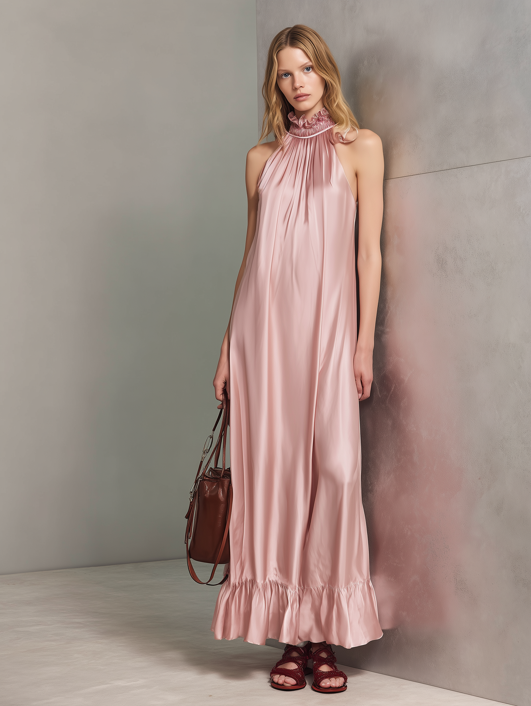 Women's Elegant Pink Satin Ruffled-Collar Sleeveless Maxi Dress MDZ2976E7LXY