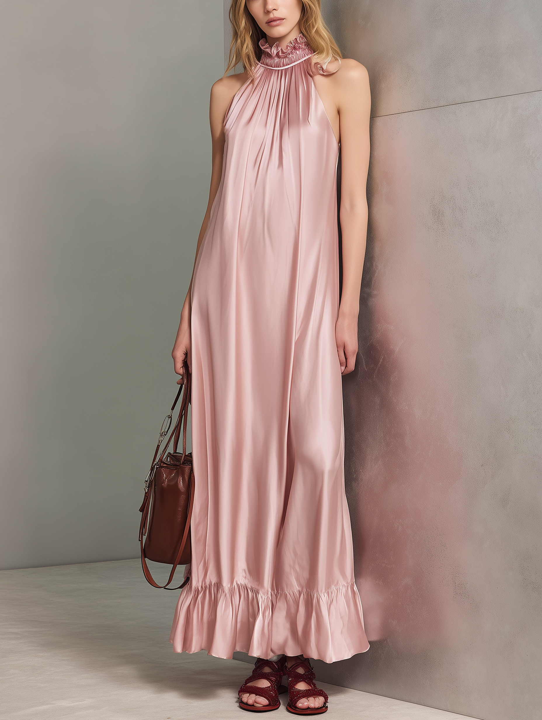 Women's Elegant Pink Satin Ruffled-Collar Sleeveless Maxi Dress MDZ2976E7LXY