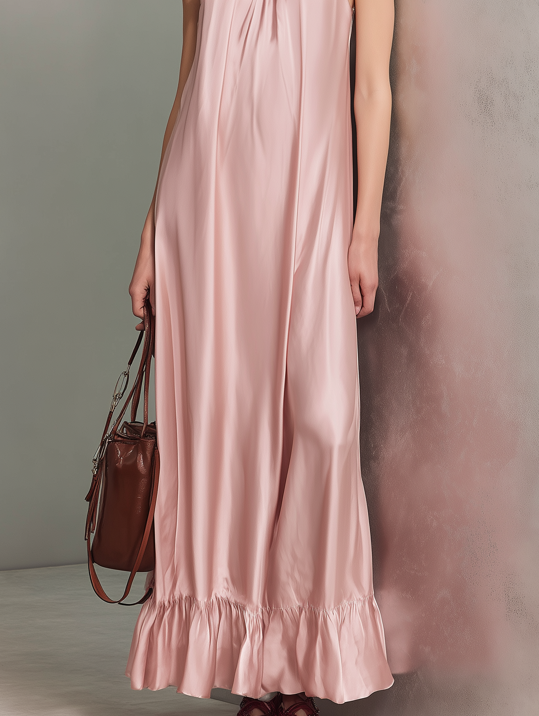 Women's Elegant Pink Satin Ruffled-Collar Sleeveless Maxi Dress MDZ2976E7LXY