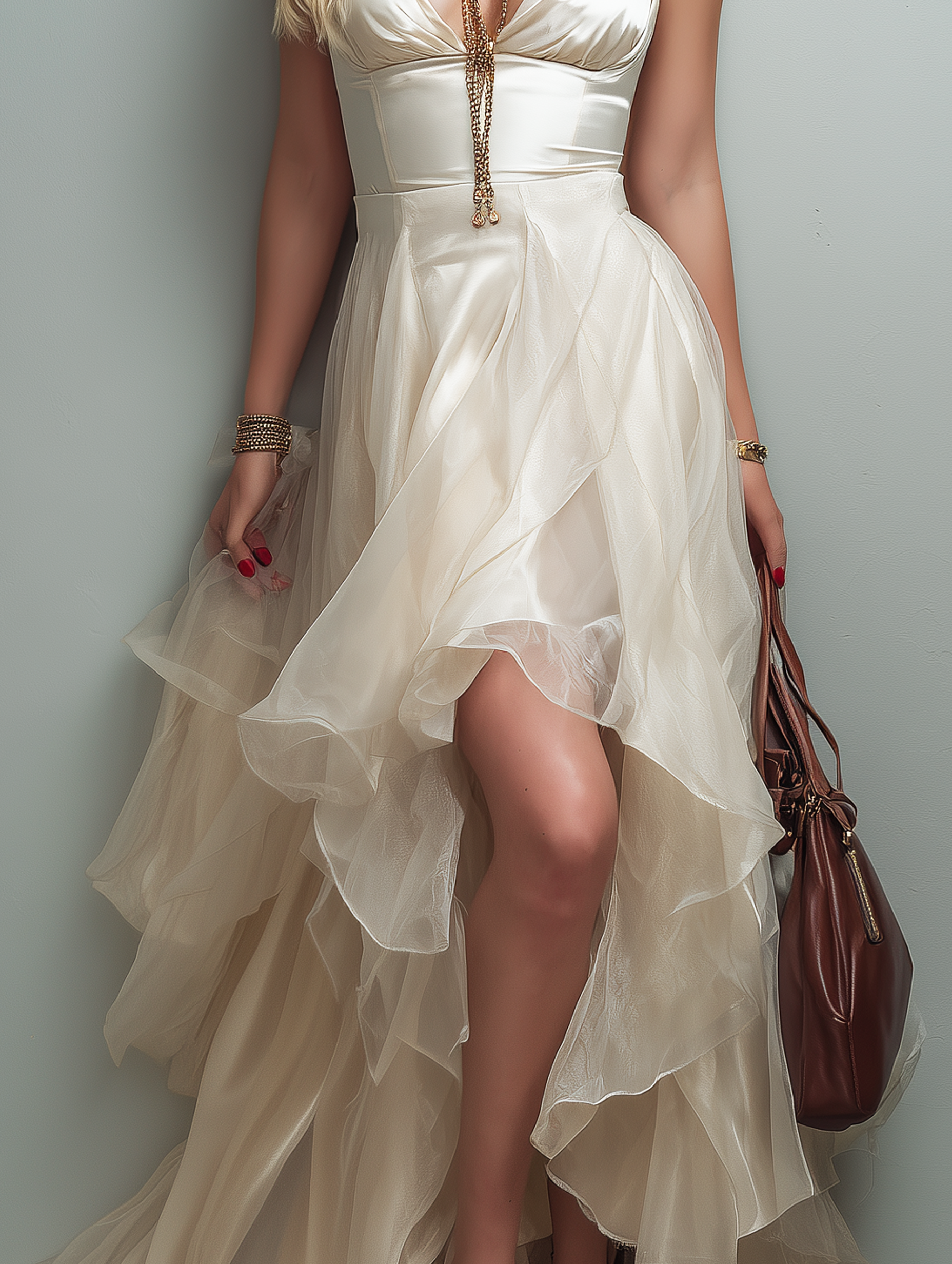 Women's Elegant Champagne Satin And Organza Strappy Evening Gown MDZ2988E3LXY