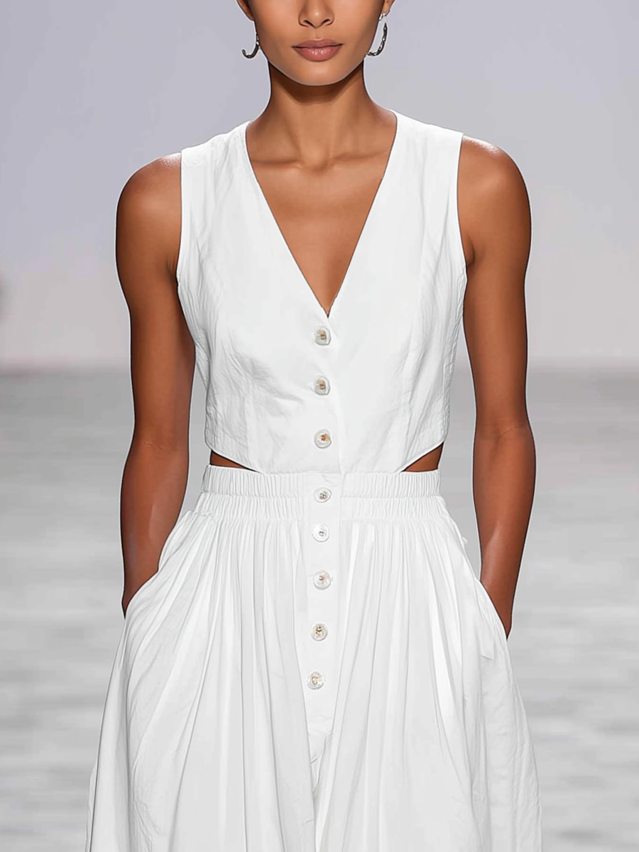 Women’s White Linen-Blend Sleeveless Button-Front Jumpsuit With Waist Cut-Outs & Pockets MDZ2976E4T