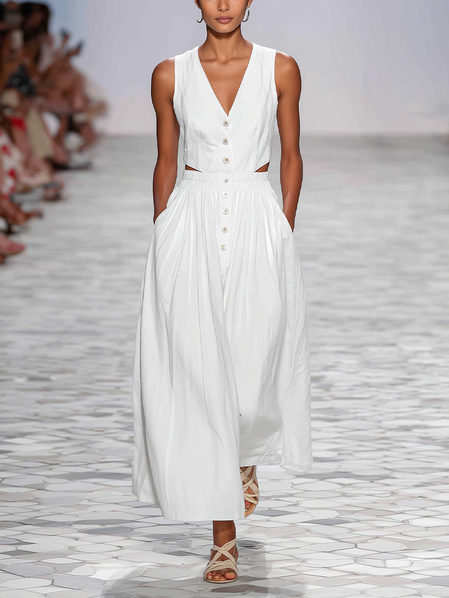 Women’s White Linen-Blend Sleeveless Button-Front Jumpsuit With Waist Cut-Outs & Pockets MDZ2976E4T