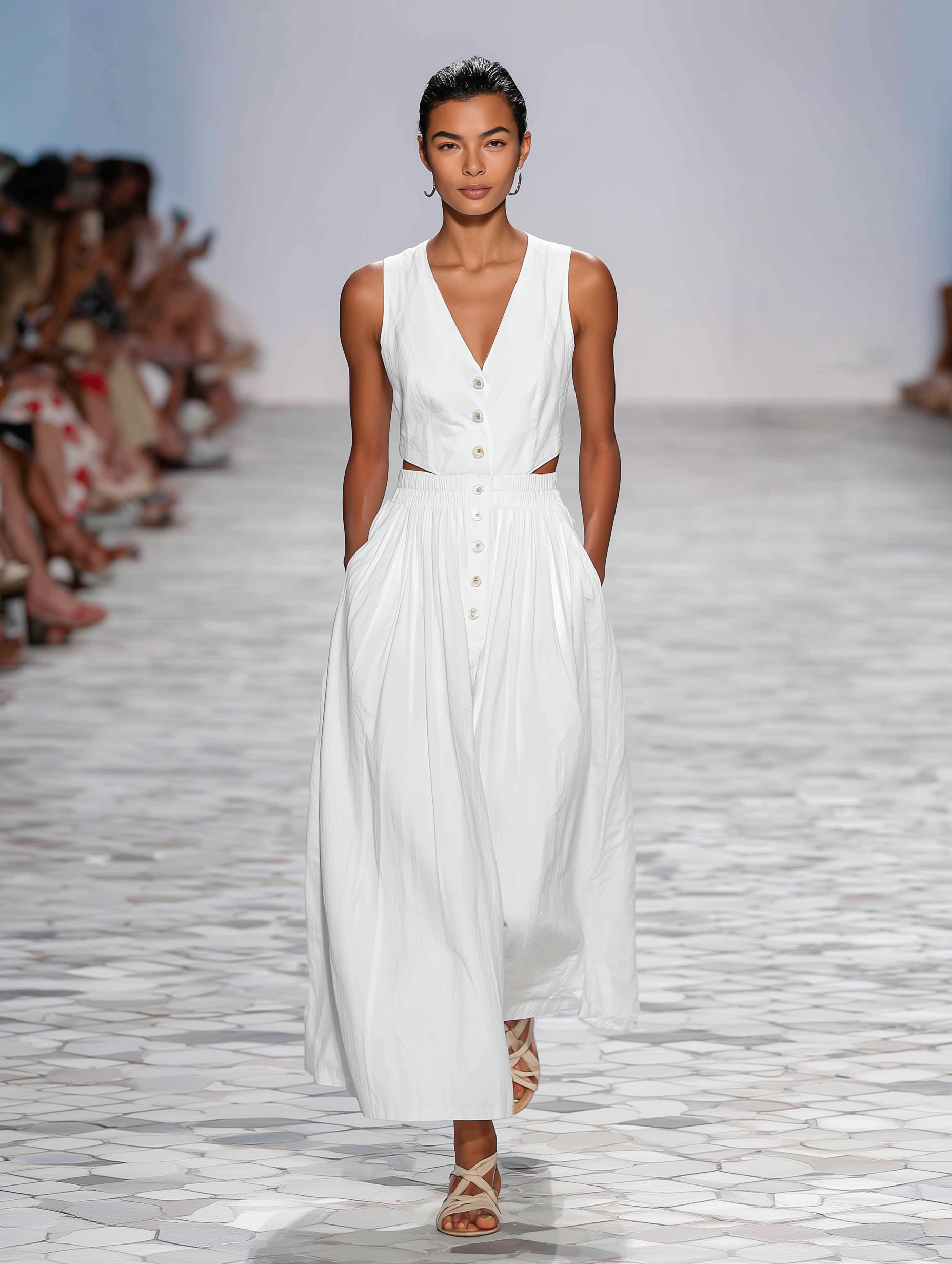 Women’s White Linen-Blend Sleeveless Button-Front Jumpsuit With Waist Cut-Outs & Pockets MDZ2976E4T