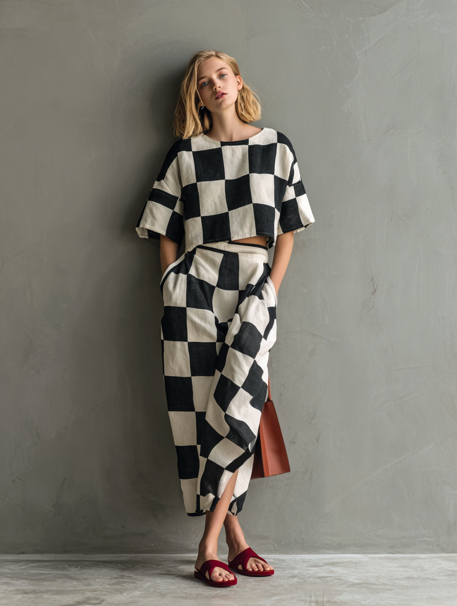 Women's Casual Black & White Checkerboard Print Woven Crew-Neck Short-Sleeve Top With Skirt MDZ2904E2LXY