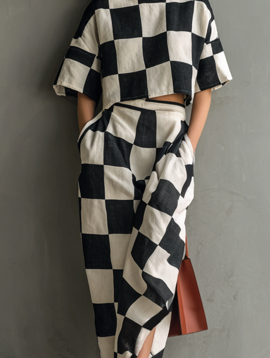 Women's Casual Black & White Checkerboard Print Woven Crew-Neck Short-Sleeve Top With Skirt MDZ2904E2LXY