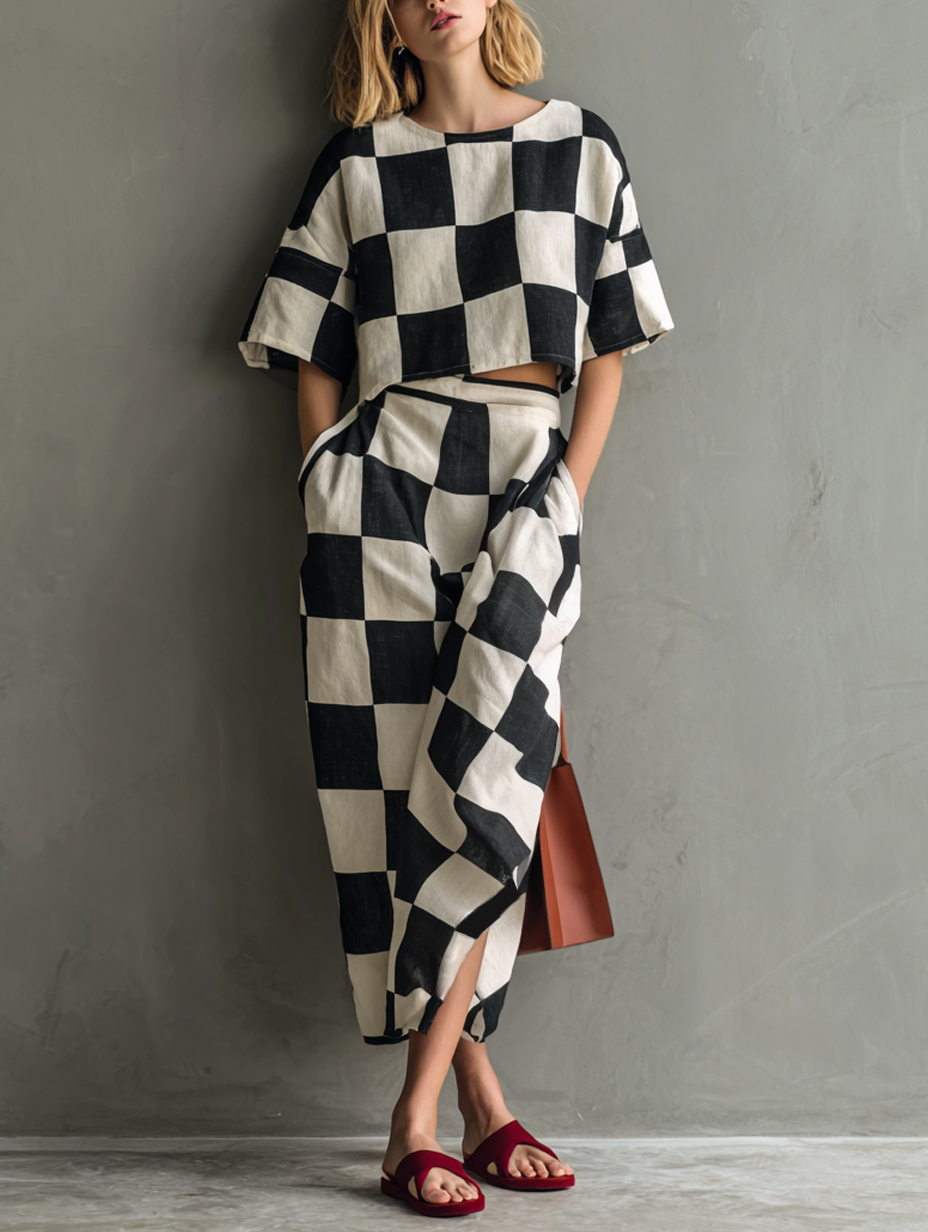 Women's Casual Black & White Checkerboard Print Woven Crew-Neck Short-Sleeve Top With Skirt MDZ2904E2LXY