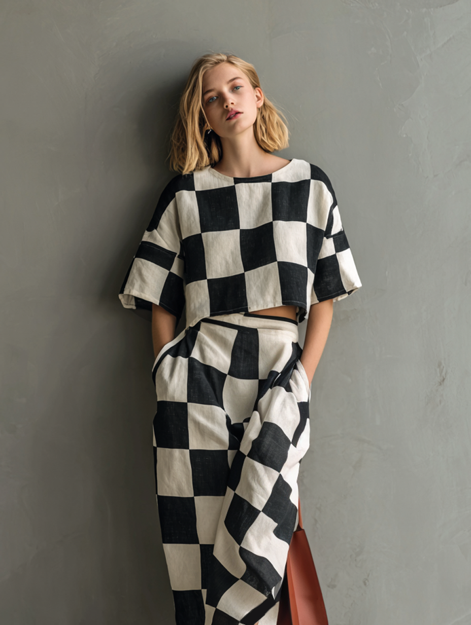 Women's Casual Black & White Checkerboard Print Woven Crew-Neck Short-Sleeve Top With Skirt MDZ2904E2LXY