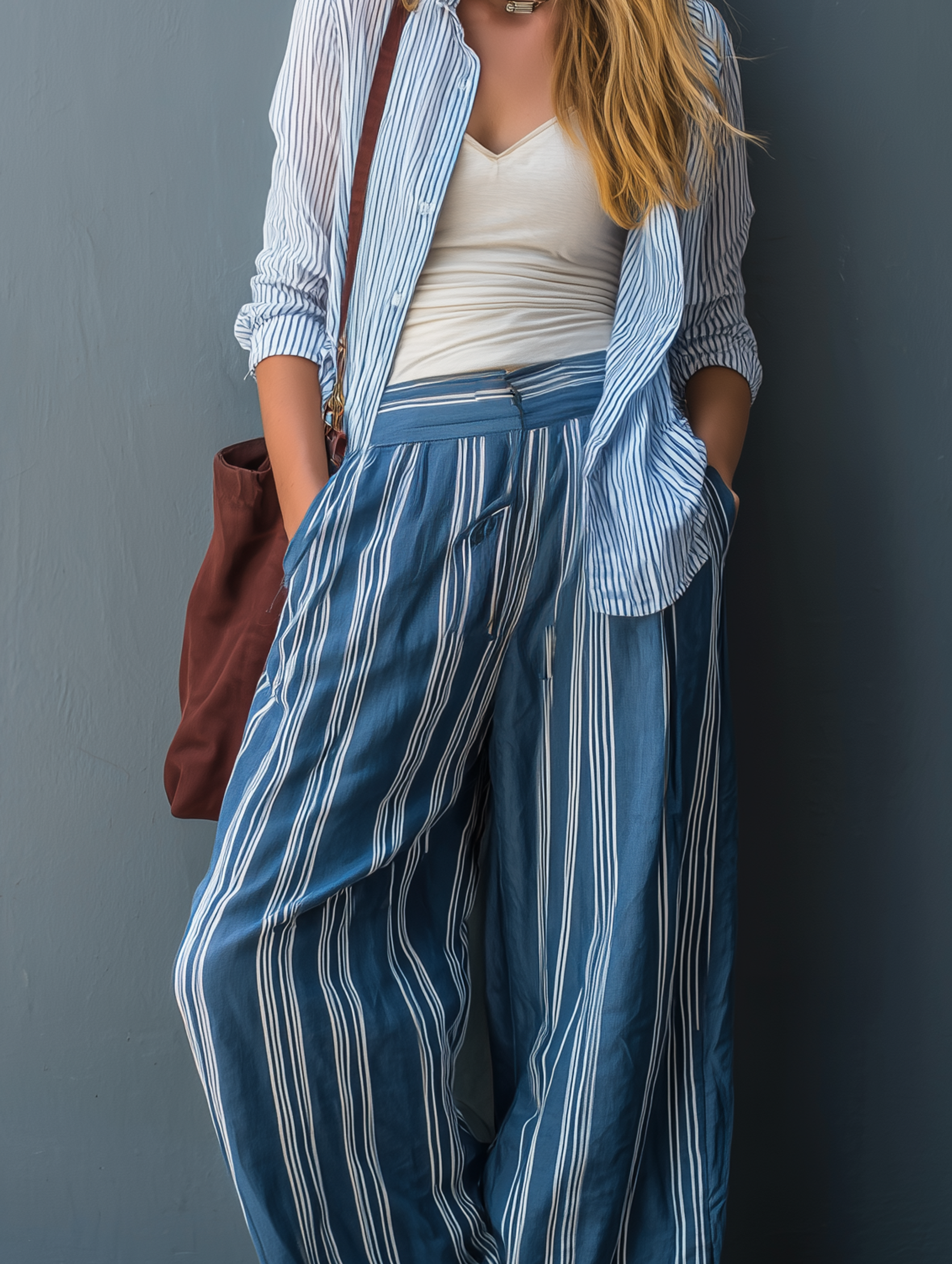 Women's Casual Light Blue Long-Sleeve Shirt And Dark Blue Cotton-Linen Trousers Set (Inner Top Not Included) MDZ2992E2LXY
