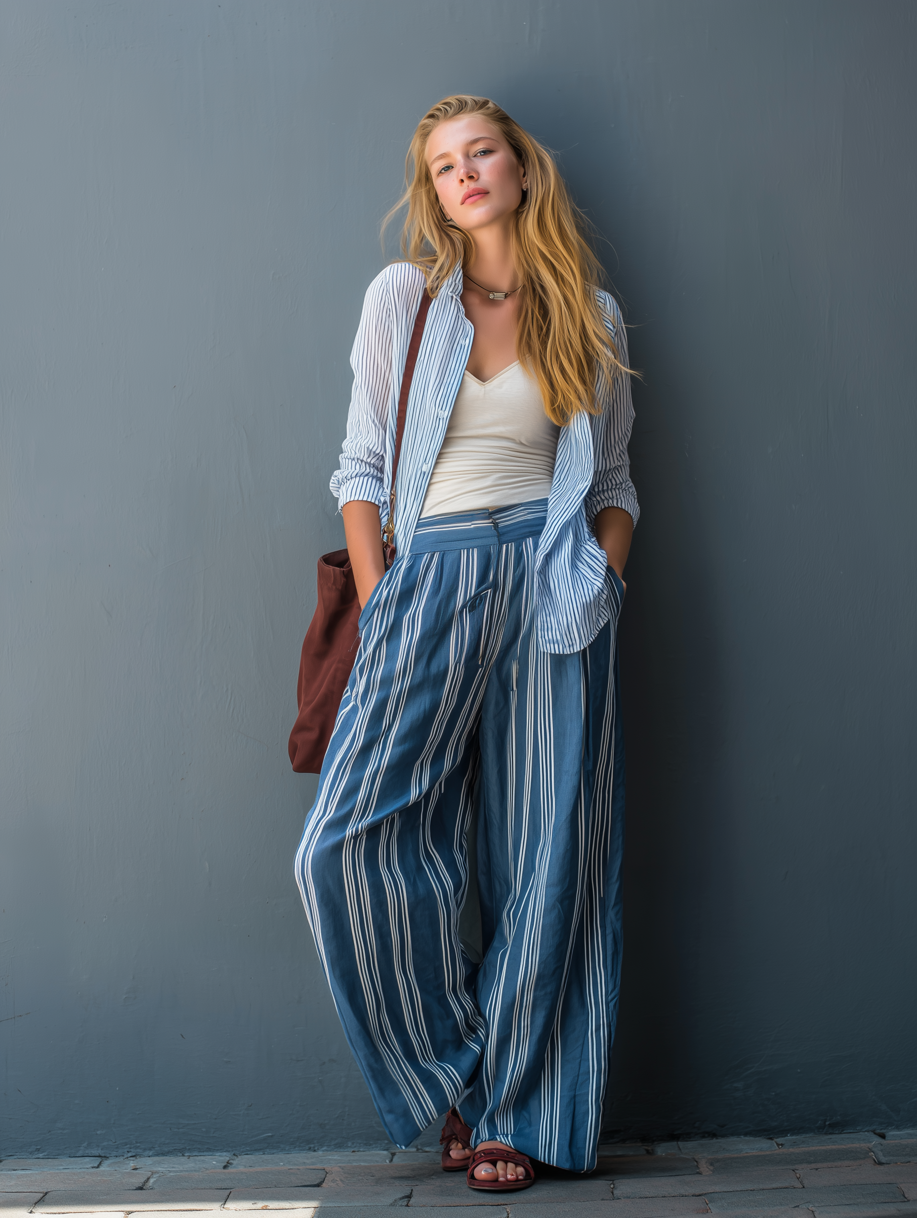 Women's Casual Light Blue Long-Sleeve Shirt And Dark Blue Cotton-Linen Trousers Set (Inner Top Not Included) MDZ2992E2LXY
