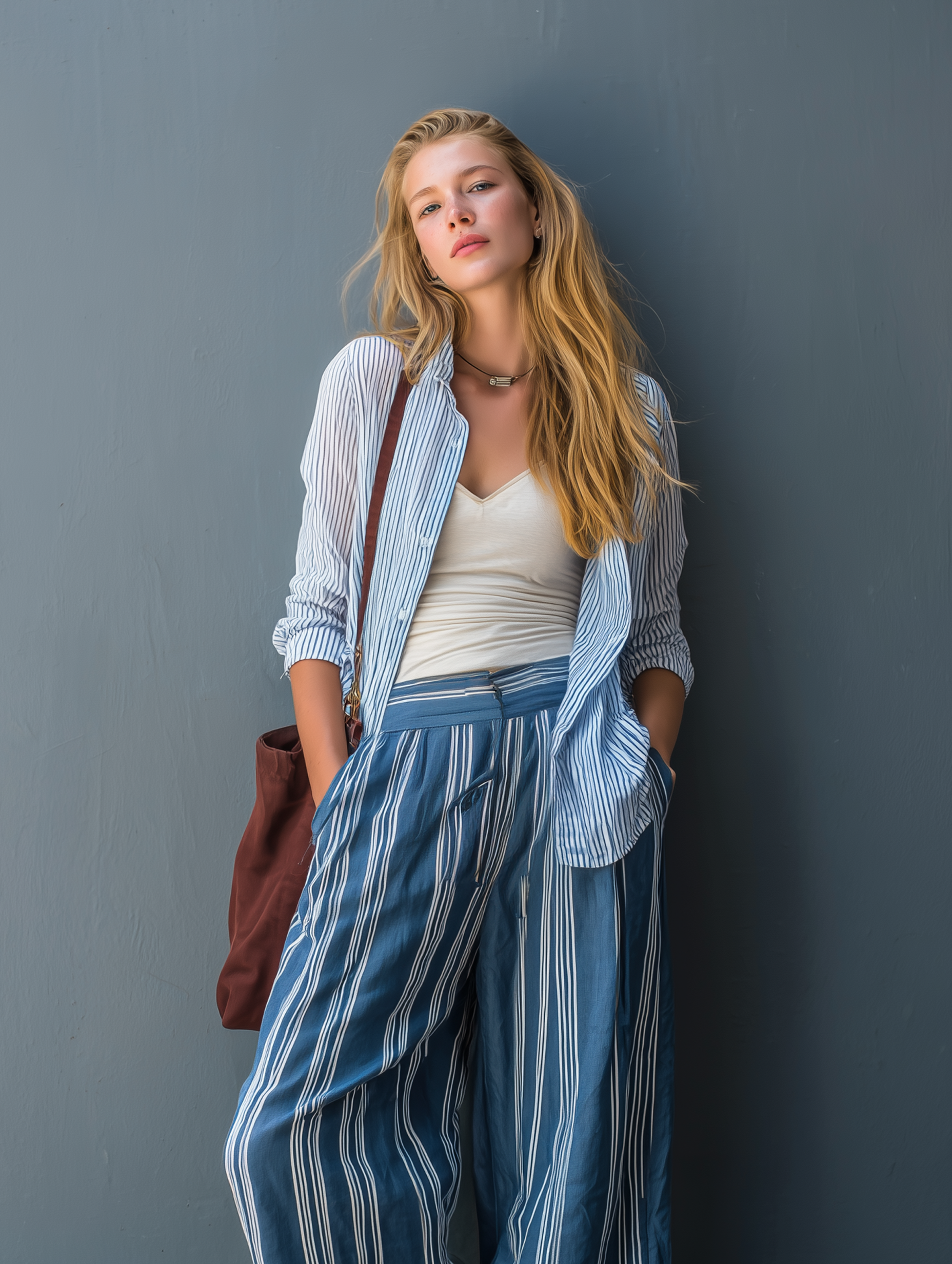 Women's Casual Light Blue Long-Sleeve Shirt And Dark Blue Cotton-Linen Trousers Set (Inner Top Not Included) MDZ2992E2LXY