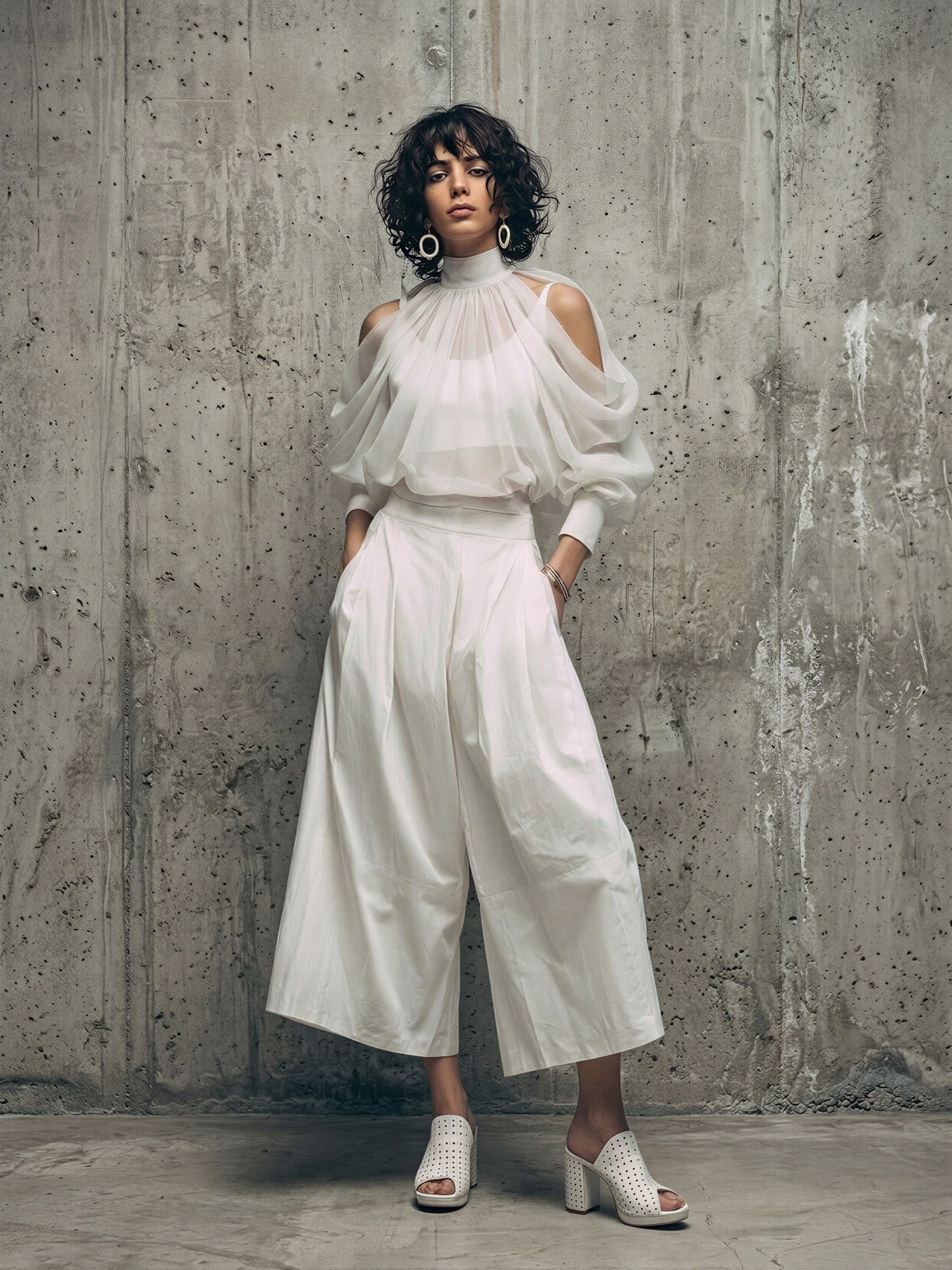 Women’s White Chiffon Cold-Shoulder Sheer Blouse & Cotton Blend High-Waisted Wide-Leg Cropped Pants Two-Piece Set MDZ2966E7T