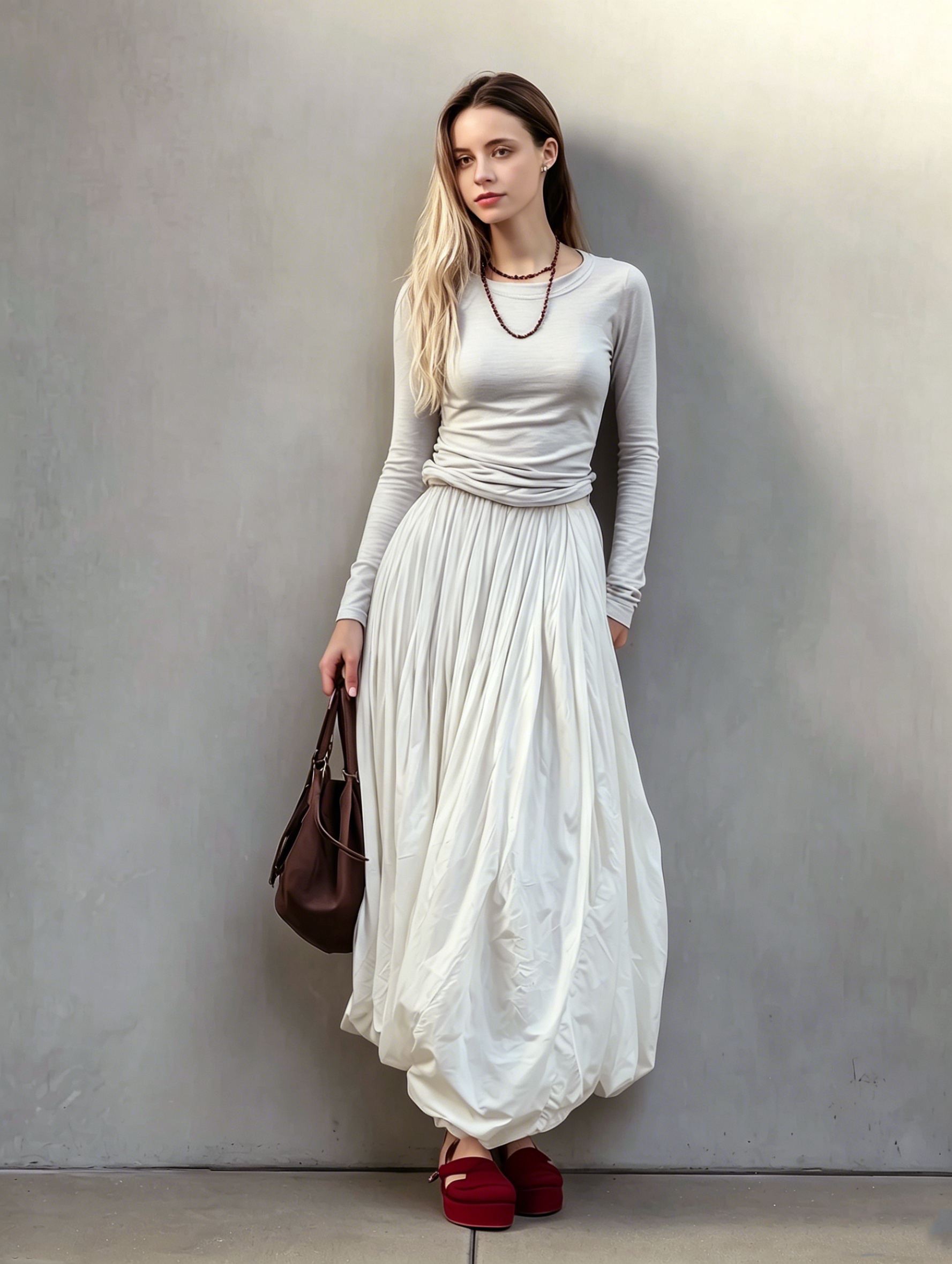 Women's Casual Grey Stretch-Knit Crewneck Long-Sleeve Top Paired With An Off-White Woven Tulip Skirt MDZ2972E4LXY